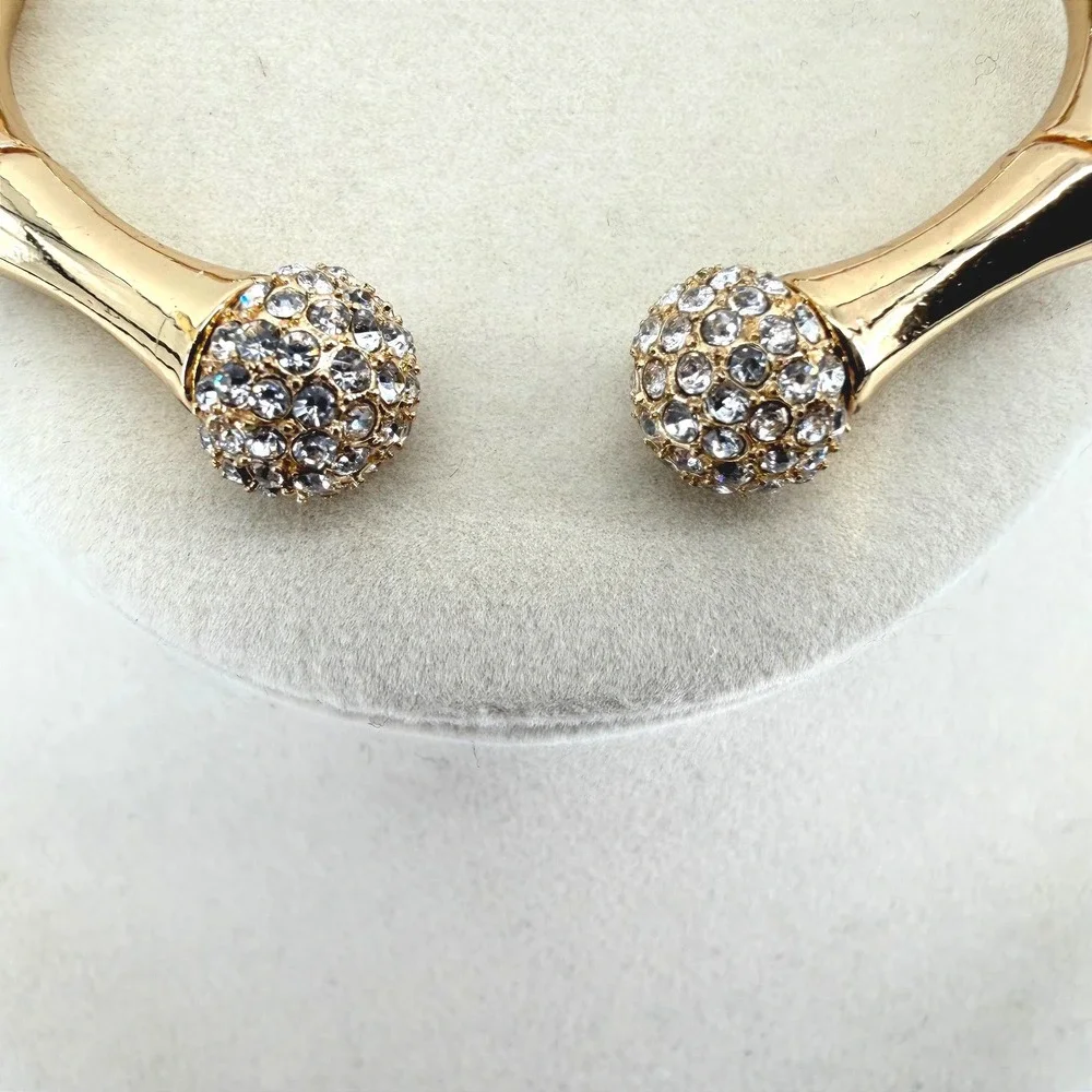 Gold Bamboo Hinged Cuff Bracelet Rhinestone Orb Bypass Bangle Statement‎ Jewelry